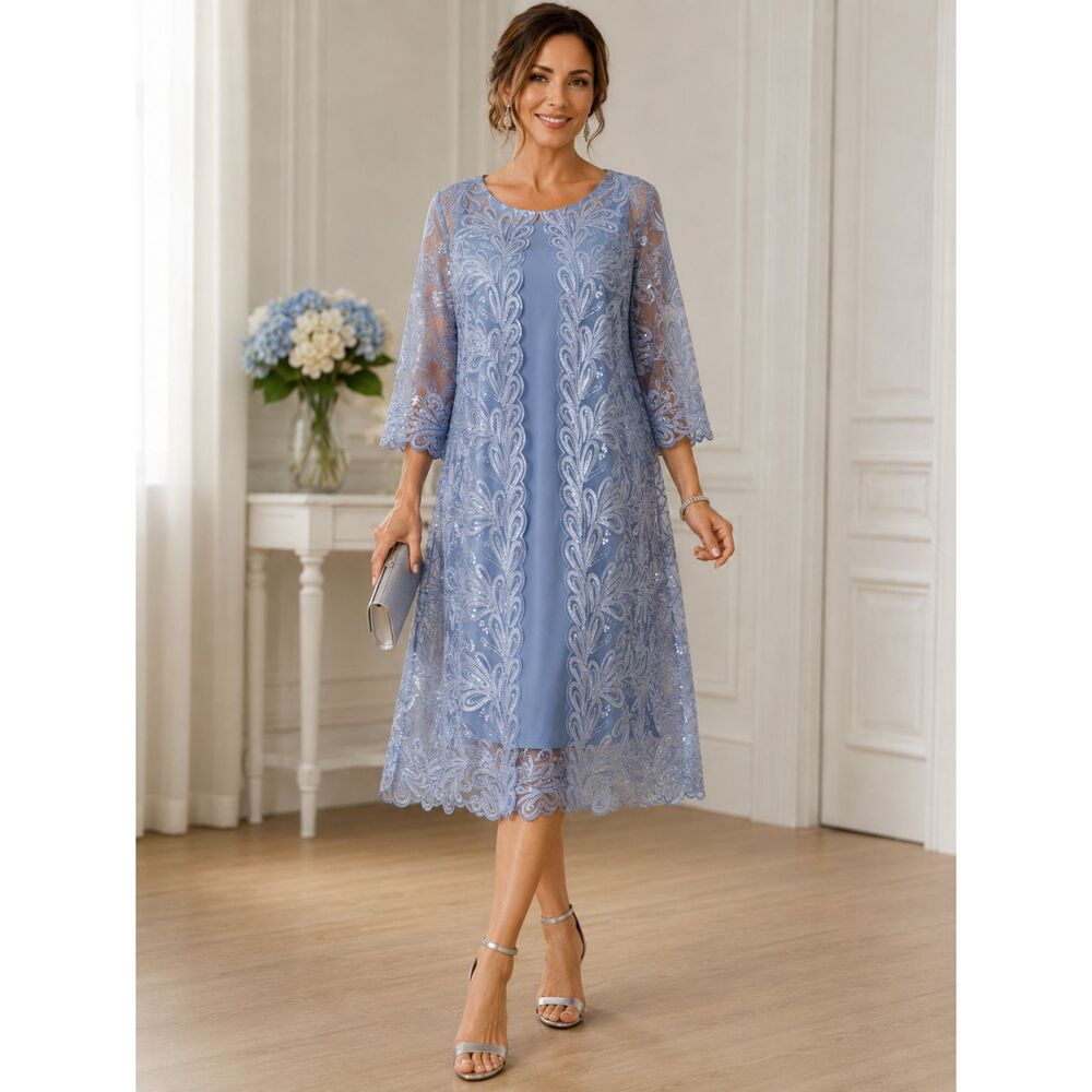 Alex Evenings Light Blue Embroidered Lace Sequin Midi Dress Plus 16W NWT